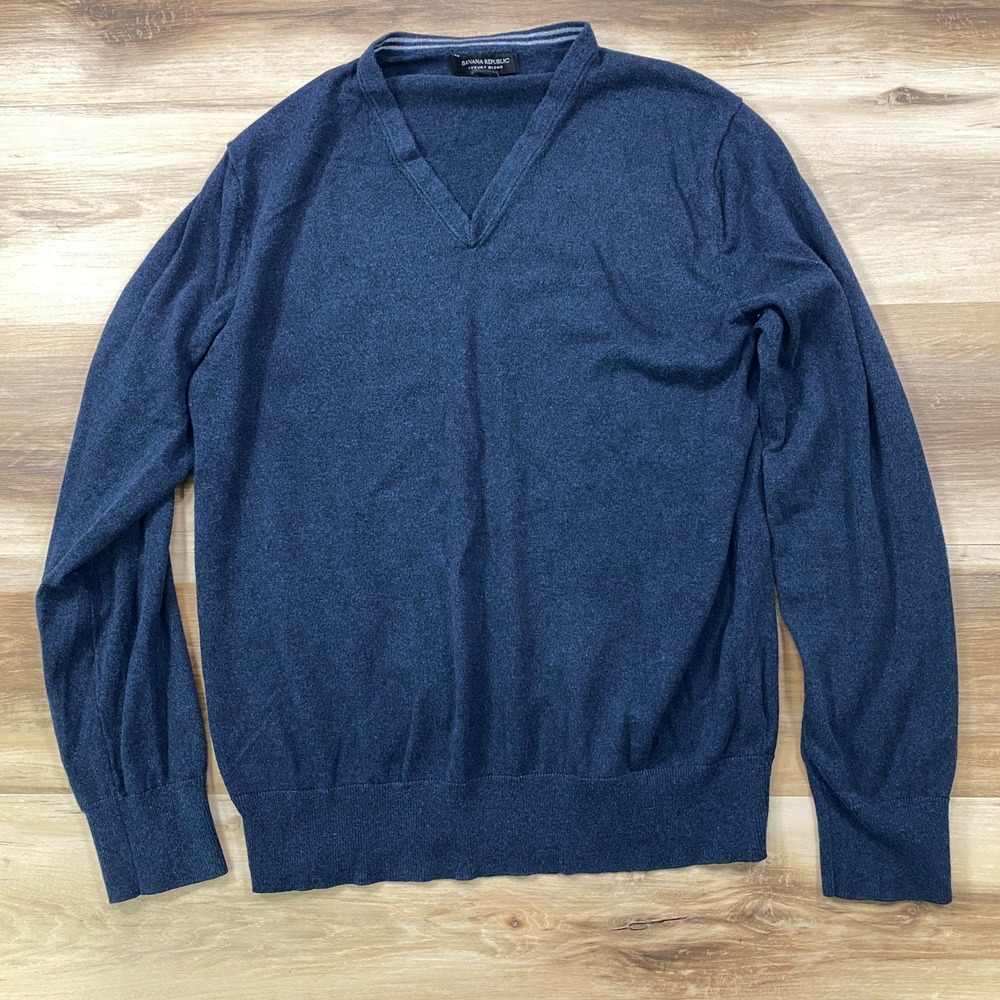 Banana Republic‎ Sweater Mens M Minimalist Silk Cashmere Blend V-Neck Navy Blue